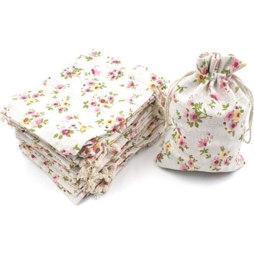 50Pcs Floral Burlap Drawstring Bags, Linen Gift Bag Packing Storage Linen Jewelry Pouches Sacks for Christmas Wedding Party Show