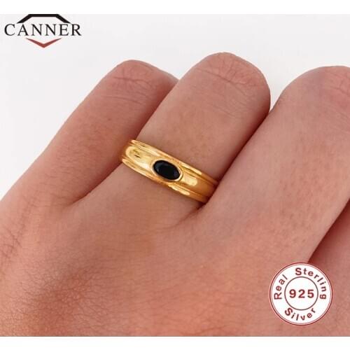 CANNER Real 925 Sterling SilverSimple Smooth Black Zircon Open Ring for Women Exquisite Ladies Rings Silver 925 Jewelry anillos