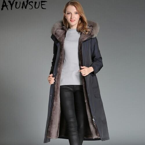 AYUNSUE 2020 Real Fur Coat Female Natural Rabbit Fur Liner Parka Winter Jacket Women Fox Fur Collar Long Trench Coats 4xl MY4068