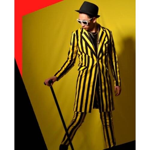Yellow black stripes blazer men suits designs England jacket mens stage costumes for singers Mid-length clothes dance star style
