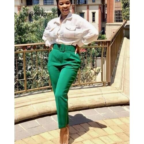 Women High Waist Pants With Waist Belt Elegant Office Ladies Fashion Work Female Modest Green Pink Yellow Large Size African New