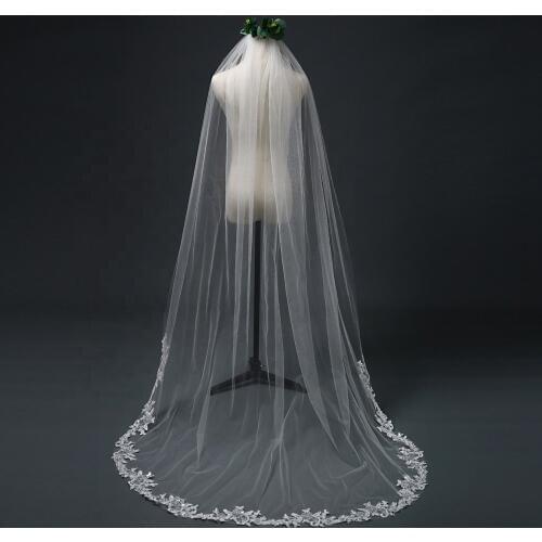 White Ivory Long Sequin Lace Edge Veil Cathedral Veil with Comb Wedding Tulle Birdcage Veil Bridal Accessories