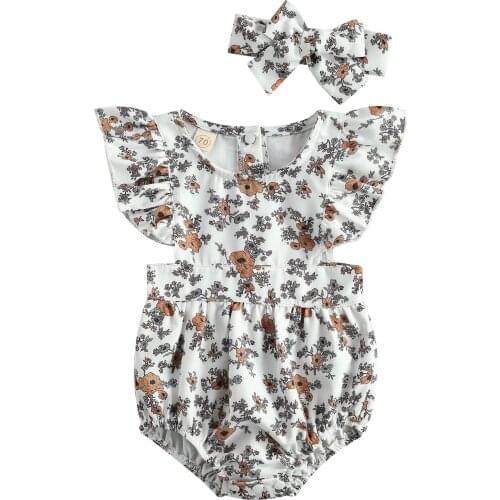 FOCUSNORM 0-24M Baby Girls Boys Bodysuits Flowers Printed Ruffles Short Sleeve Jumpsuits