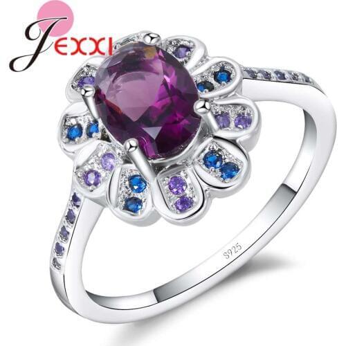 Delicate Rings for Women Big Purple Flower Ring AAA Cubic Zircon Stone 925 Sterling Silver Female Ring New