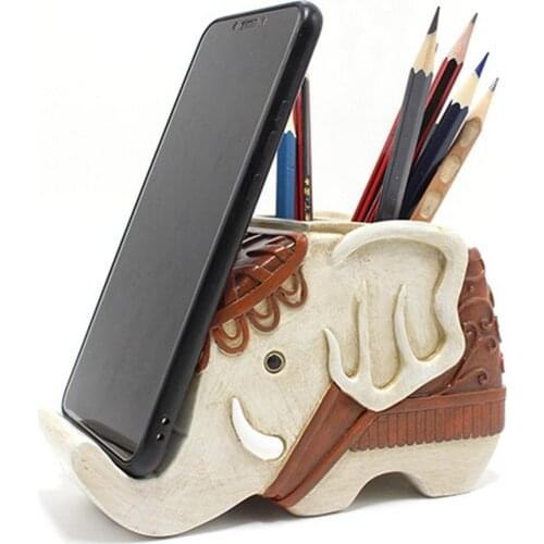 Resin Elephant Shape Pen Storage Pot Pencil Holder With Cell Phone Stand Desk Organizer Decoration Office Stationery