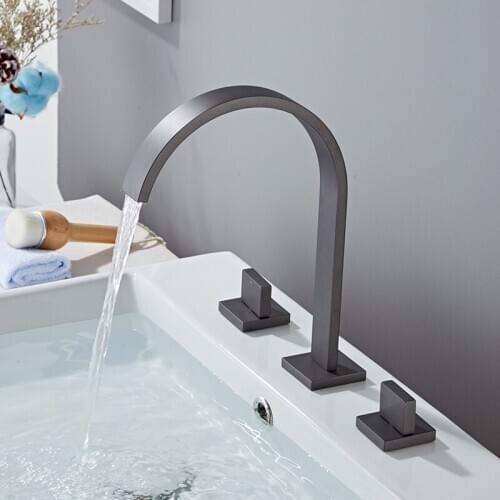 Basin Faucet Gun Grey Sink Tap Gold Square Brass Faucet Bathroom Sink Faucet 3 Hole Double Handle Hot And Cold Water Tap