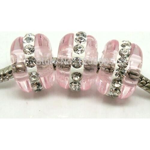20PCS/lot Beautiful Pink color European Lampwork Glass Beads with Clear Rhinestones fit Charms Bracelet&Necklace14x9mm