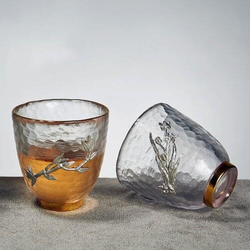 Tin-Inlay Plum Orchid Crystal Glass Teacup Creative Transparent Heat Resistant Master Cup Office Kung Fu Water Mug Tea Set