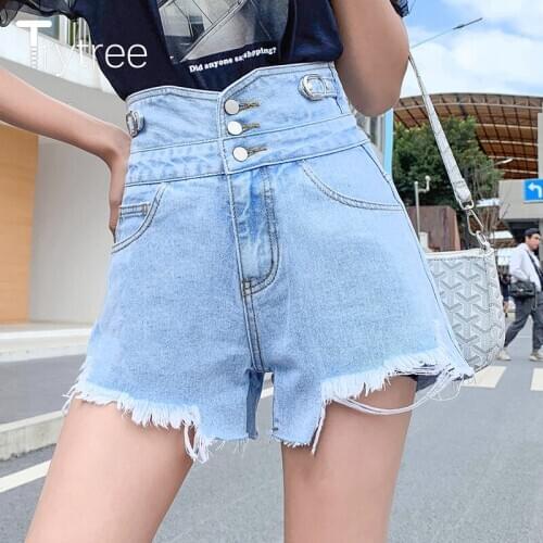 Trytree 2021 Summer Casual Woman Shorts Solid Buttons Fly Zipper High Waist Frayed Hem Pockets Loose Wide Leg Denim Shorts Jeans