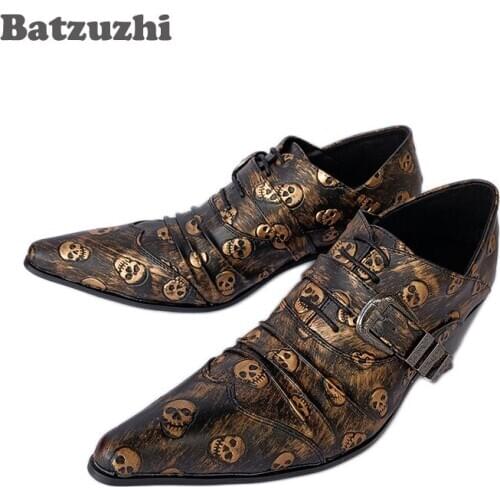 Fashion golden man shoes skulls pointed toe man leather shoes personality mans shoes, leisure Zapatos Hombre Gold/Black
