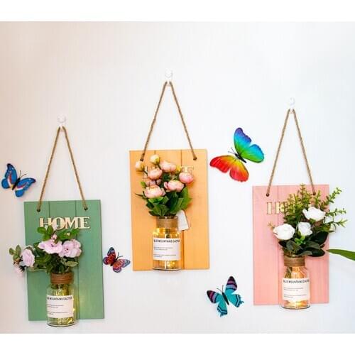 Wall Hanging Glass Vase Decorative Creative Artificial Flower Plant Wooden Board Fresh Wall Hanging Ornament For Living Room