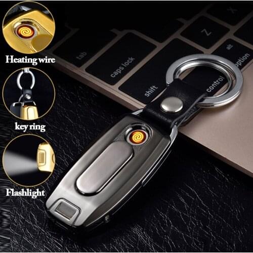 Novelty Electronic USB Lighter Metal Tobacco Multifunctio Cigar Lighter Key Ring Pendant Auto parts Decoration men Gift With Box