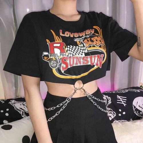 New summer round neck short sleeve crop navel breathable print chain embellished T-shirt fashion top