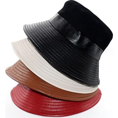 Pu Splicing Leather Bucket Hats for Women Men Outdoor Sun Hat Foldable Hiking Hat Fisherman Cap Lady Fashion Panama