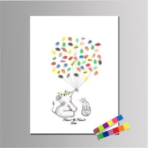 Personalize Canvas Print Fingerprints Guestbook For Baby Shower Decoration Cartoon Elephant Rabbit Baptism Birthday Gift