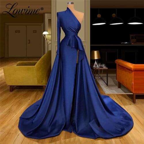 Saudi Arabia Elegant Navy Blue Evening Dress Dubai Party Gowns Satin Celebrity Dresses Formal One Shoulder Robe De Soiree 2020