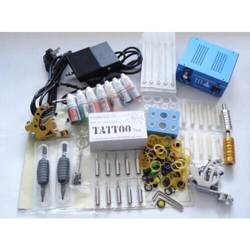 Complete 2 top tattoo machine cosmetic permanent makeup gun needles tip grip power kit