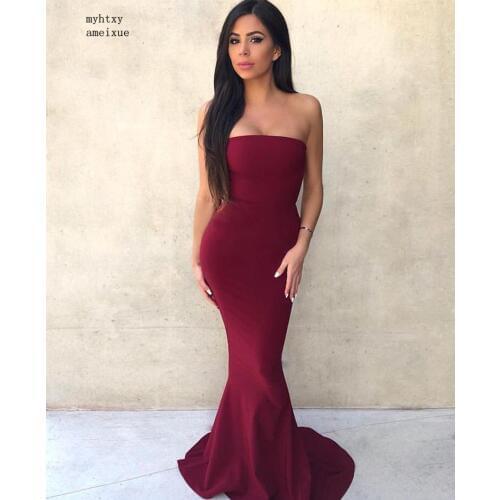 Simple Burgundy Evening Dresses Strapless Mermaid Style Long Formal Evening Party Dresses 2020 Cheap Trumpet vestido de noite
