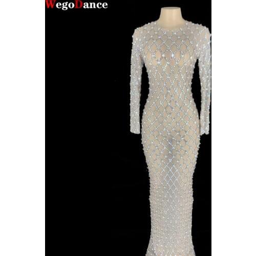 New Style Transparent Rhinestones Long Sleeve Dress Birthday Celebrate Evening Bar Women Singer Dancer Mesh See through