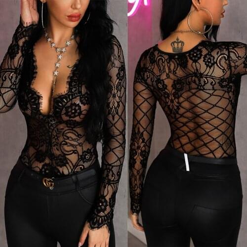 Long Sleeve See Through Hollow Out Deep V Neck Sexy Bodysuits Women Lace See-through Jumpsuit Bodycon Bodysuit Leotard