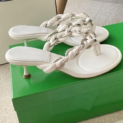 Women Summer Shoes Female Concise Slippers High Heels Fashion Chaussure Career Round Toe Shoes Ladies Black Slides Chain