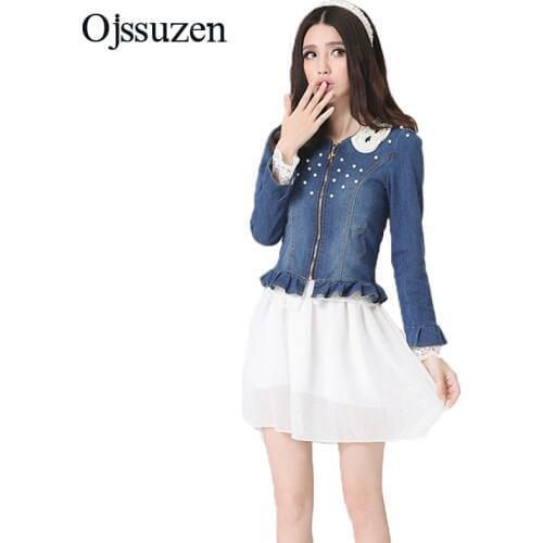 2019 Spring Lace Denim Coat Ladies Pearl Collar Short Slim Womens Denim Jacket Outwear Jeans Coats Classical Female Jackets