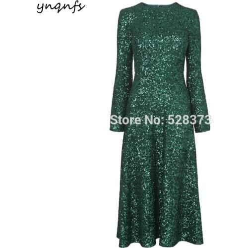 YNQNFS MD189 Elegant Vintage Tea Length Long Sleeve Emerald Green Mother of the Bride/Groom Dresses Outfits Simple Sparkling