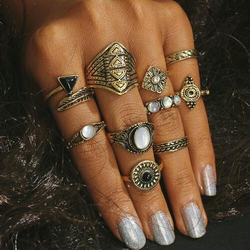 Midi Finger Knuckle Ring Sets Feather Round Square Triangle Stone Black Crystal Rings Accessories Bohemia Jewelry Women 10pcs
