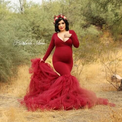 Pretty Burgundy V-neck Long Sleeves Mermaid Maternity Women Dresses Elegant Tiered Tulle Train Pregnancy Dress To Photo Shoot