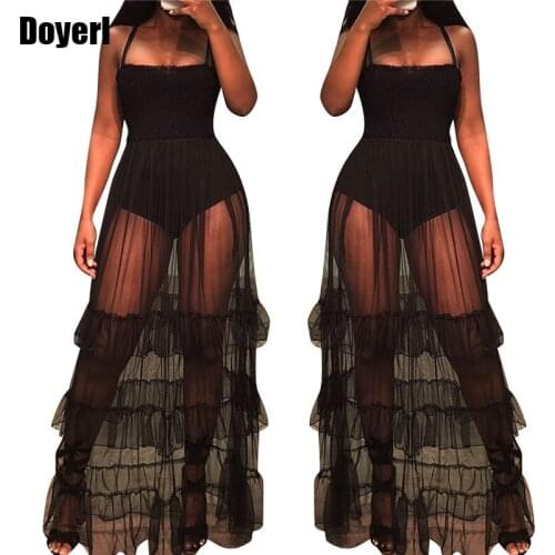 Sheer Mesh Maxi Dress Women Sleeveless See Through Black Slip Dress Tiered Mesh Beach Sundresses Summer Sexy Club Party Dresses