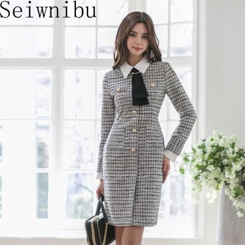 2020 Brand New Women Fashion Dress Single-Breasted Tweed Slim Plaid Dress Turn down Collar Elegant Winter Dress Vestidos Mujer