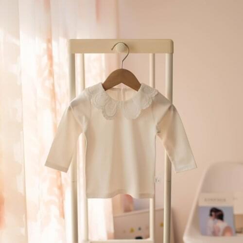 2021 Autumn 1-5 Years Old Baby Childrens Clothing Long Sleeve Solid Color Cute Lace Collar Kids Girls Basic T Shirts Blouses