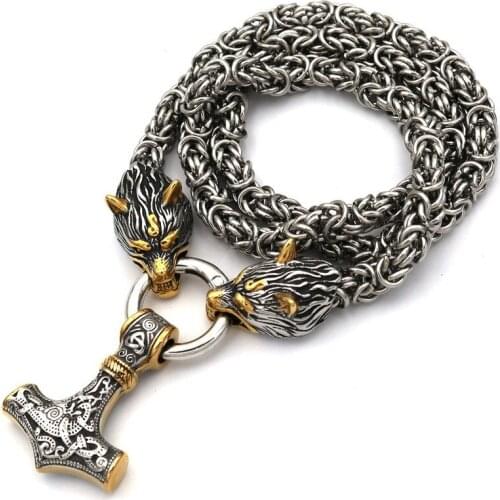 80cm Outdoor EDC Self defense Nordic Viking Quake Mens Wolf Pendant Bracelet Stainless Steel Necklace Handmade Chain Wholesale