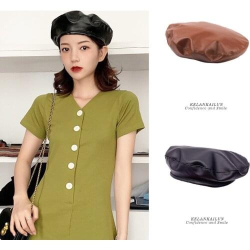 Pu Leather Black Beret Female Autumn British Retro Hat Japanese Simple Korean Version of High-quality Fashion Casual Simple Hat