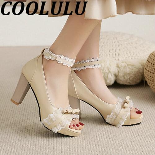 COOLULU 2021 Cute Women Peep Toe Block Heel Pumps Ankle Strap All Match Lace Pumps Shoes Women High Heels Platform Pumps