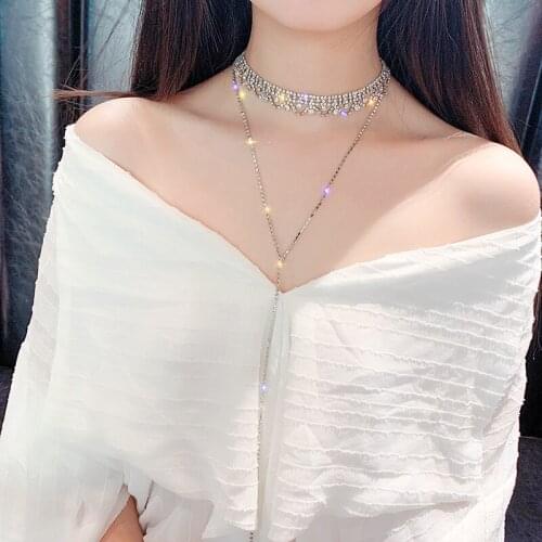 Long Shiny Rhinestone Tassel Necklace Ladies Wedding Jewelry New T-shaped Necklace Jewelry Clavicle Chain Banquet Gift Jewelry