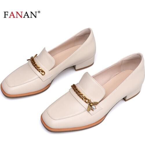 FANAN Luxury Genuine Leather Mules Shoes Women Mules Metal Chain Casual Shoes Square Toe Pumps Fashion Ladies Party Shoes