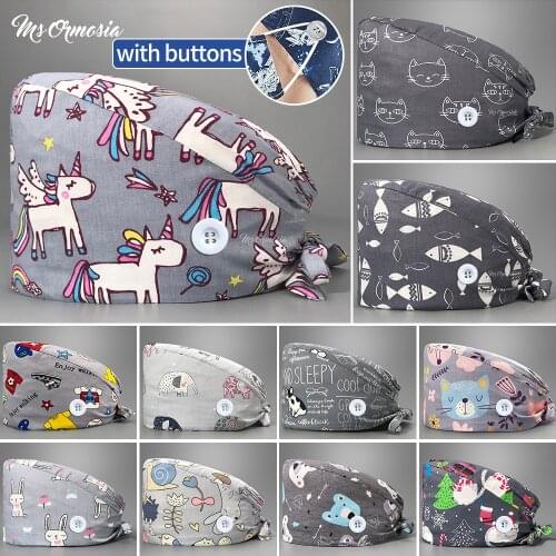 Wholesale breathable buttoned cotton cartoon print frosted caps beauty salon work hat womens operating room hats custom logo