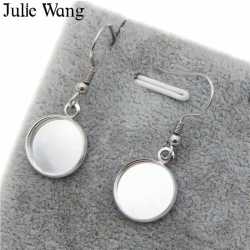Julie Wang 10 Pairs Wire Hook Drop Earring Cabochon Tray Setting With 12mm Clear Glass Dangle Earring Fashion Jewelry Making
