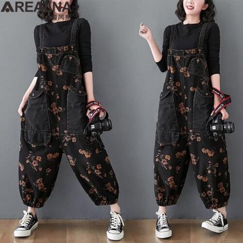 Black Denim Print Floral Jumpsuit Women Loose Jeans Casual Woman outfit Oversized Baggy Pants Big Pockets Overalls Straps Romper