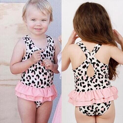 Summer Swimsuit Baby Girls Pink Leopard Swimsuit Swimwear Bikini Set Bathing One Piece Tankini Cross 1-6T Lovely Beachwear