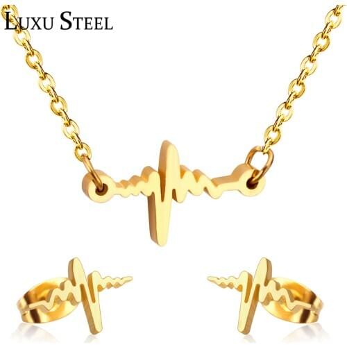 LUXUSTEEL inoxidable Heartbeat Pendant Necklace Earrings Graduation gift Stainless Steel Gold Color Women Collars Choker Party