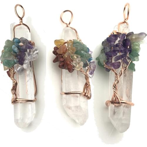 Natural White Crystal Big Pendant Reiki Chakra Tree of Life Rose Gold Color Handmade Wire Wrapped Pendant for Necklace F10