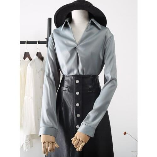 Solid Chiffon Women Blouse 2021 Summer New V-neck Turn-down Long-sleeved Loose Office Lady Elegant Pulls Tops