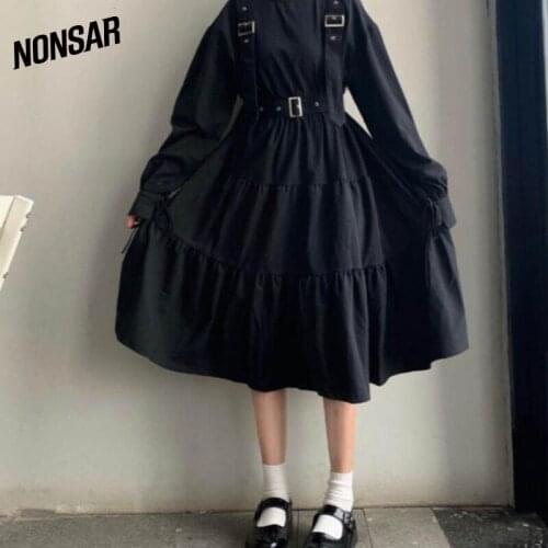 NONSAR Japanese Retro Black Dress Lace-Up Long-Sleeved Dress Female Korean Version Thin Loose Mid-Length Sexy Night