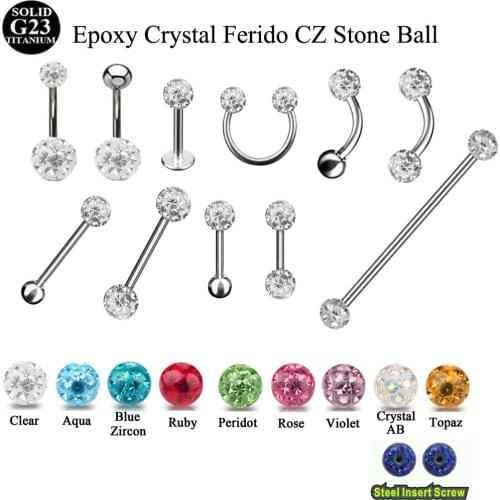 10Pcs Titanium G23 Epoxy Crystal Ferido CZ Stone Ball Labret Ear Tragus Cartilage Horseshoe Eyebrow Belly Industrial Barbell