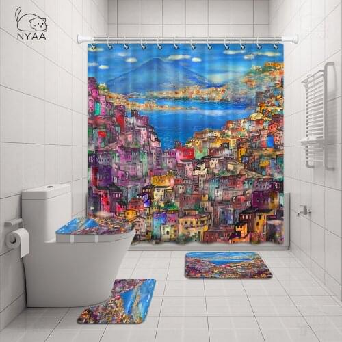 4 In1 Blue Sea Shower Curtain Bathroom Curtains Polyester Summer Beach Pedestal Rug Lid Toilet Cover Carpet Bath Mat Set