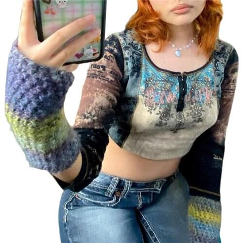 2000s Aesthetic Cute Baby Tee Y2K Fashion Patchwork Print Vintage Woman Tshirts BuckleUp Long Sleeve E Girl Tops Autumn