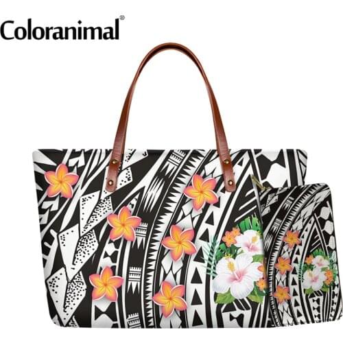 Coloranimal Ethnic Design Polynesian Plumeria and Hibiscus Printed Women Handbag 2Pcs Shoulder Bag With Purse Storage Tote Bolsa