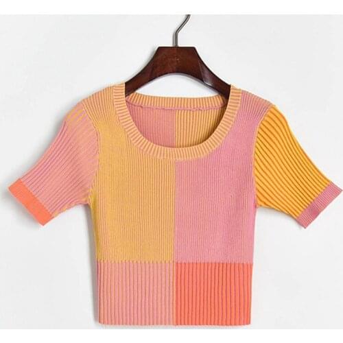 2020 summer women color block o-neck elastic short sleeve sweaters Korean sweet knitted short pullover tops JC368